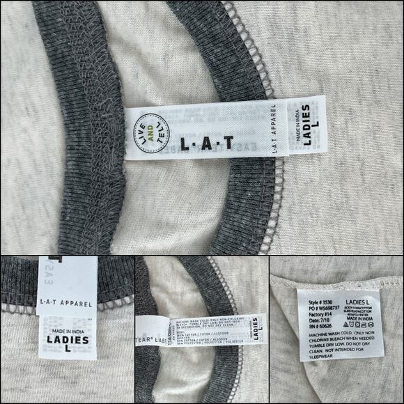 LAT Raglan Baseball Tee Shirt Top Ladies Large Heather Gray Crew Neck 3/4 Sleeve - Picture 7 of 10